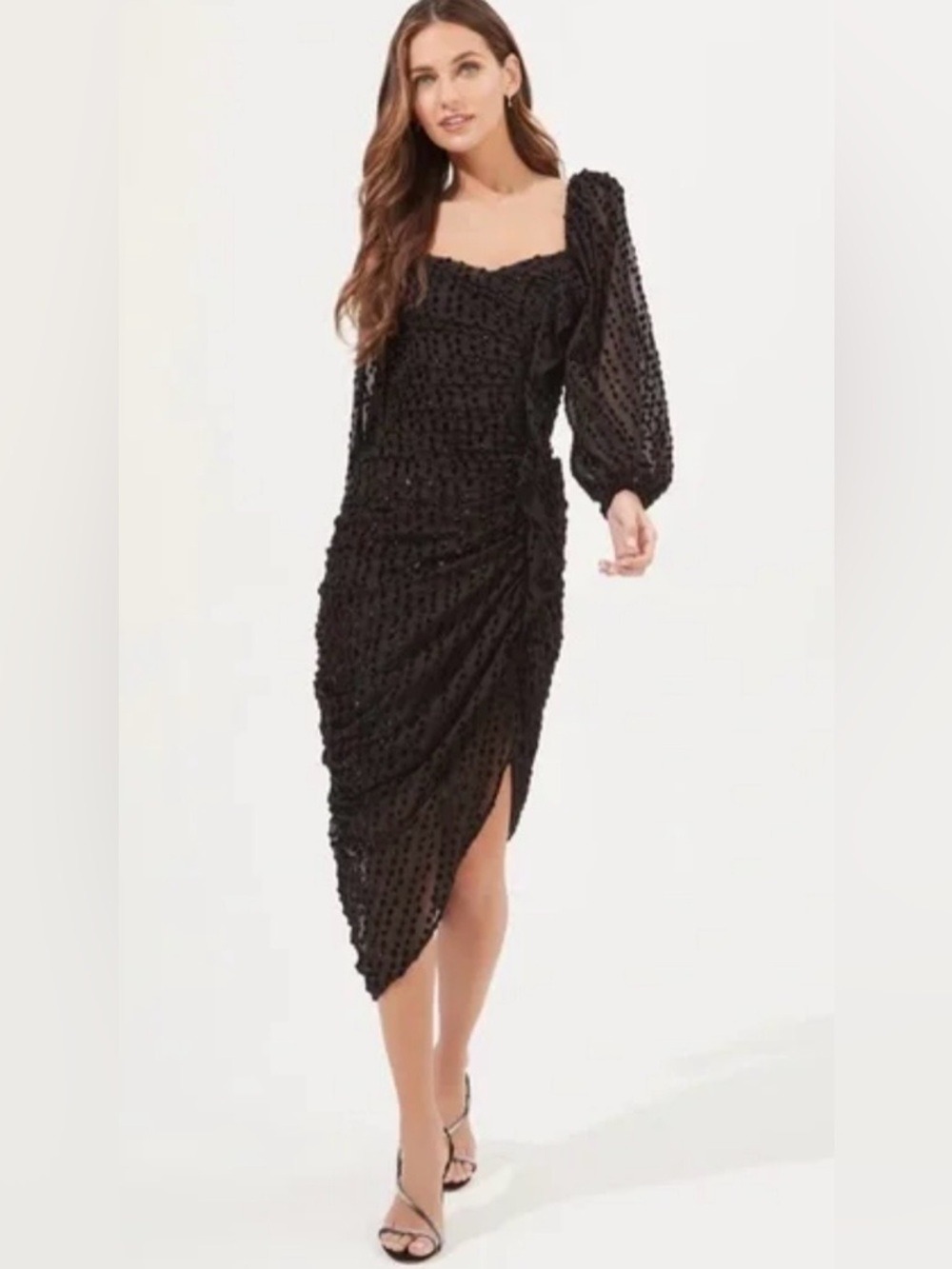 ASTR The Label Athens Dress Black Burnout Textured Puff-Sleeve Midi Dress Medium